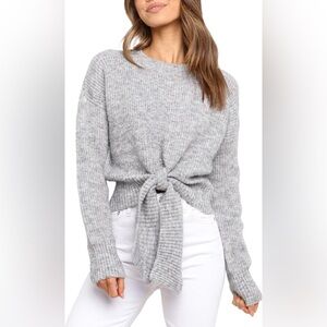 Petal & Pup Captivate Tie Hem Sweater Ribbed Crewneck, Light Gray, S/M, EUC